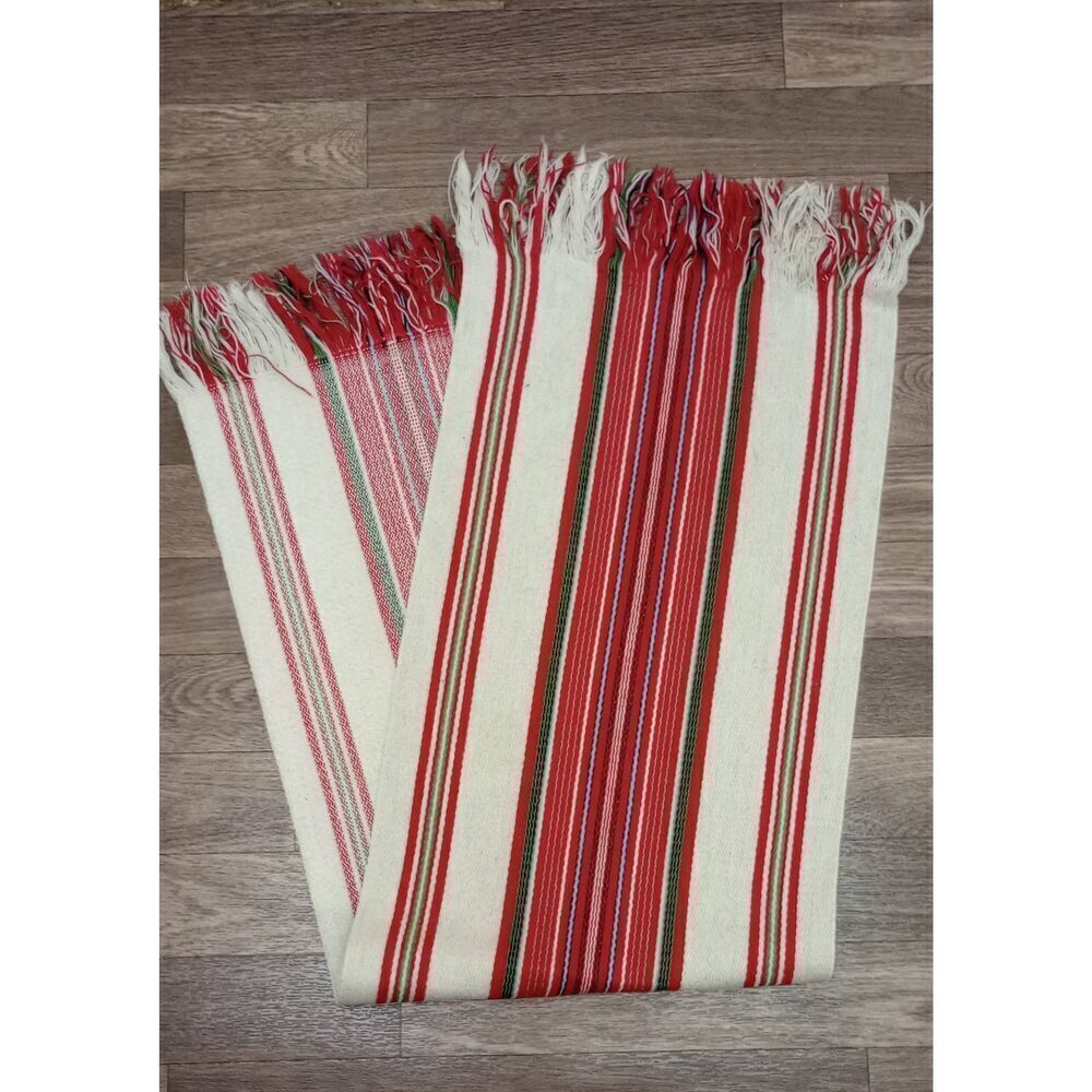 Vintage woven table runner red cream and green long